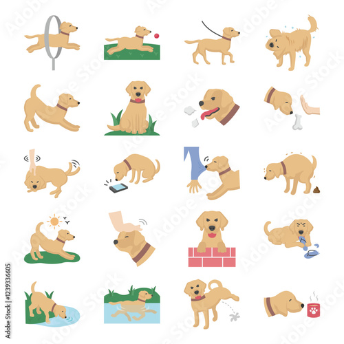 Dog activities icon set. dog walking, dog on a leash, linear icons, dog training illustrations for commercial use