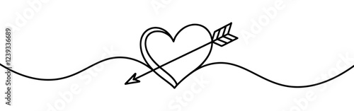 Heart pierced by an arrow. Continuous line love and arrows. Vector illustration.