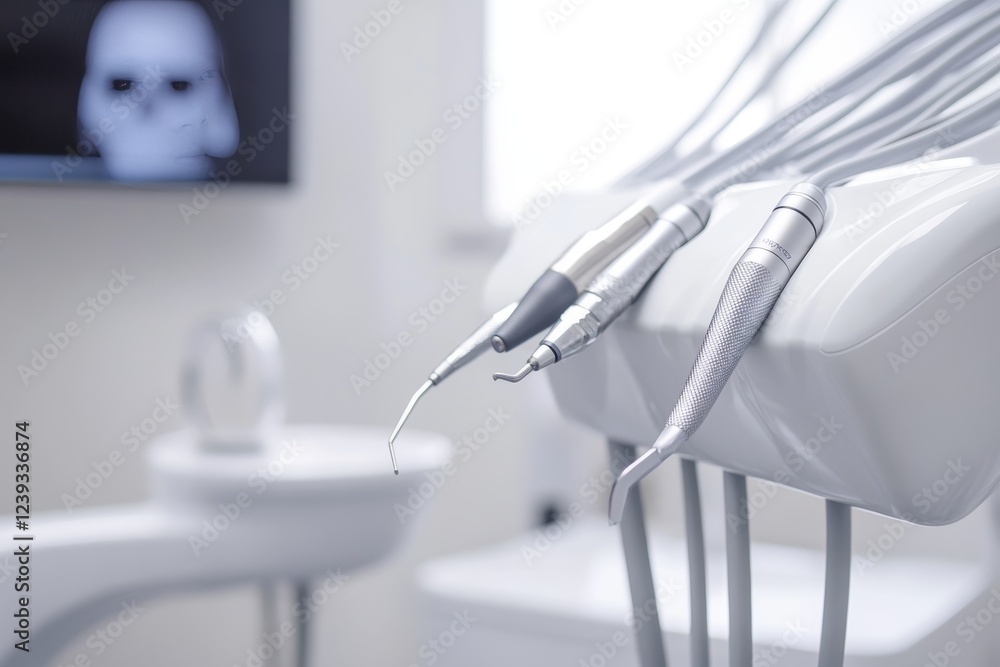 Patient smiling while receiving care at dentist appointment with focus on dental tools and hygiene Patient smiling while receiving care at dentist appointment with focus on dental tools and hygiene