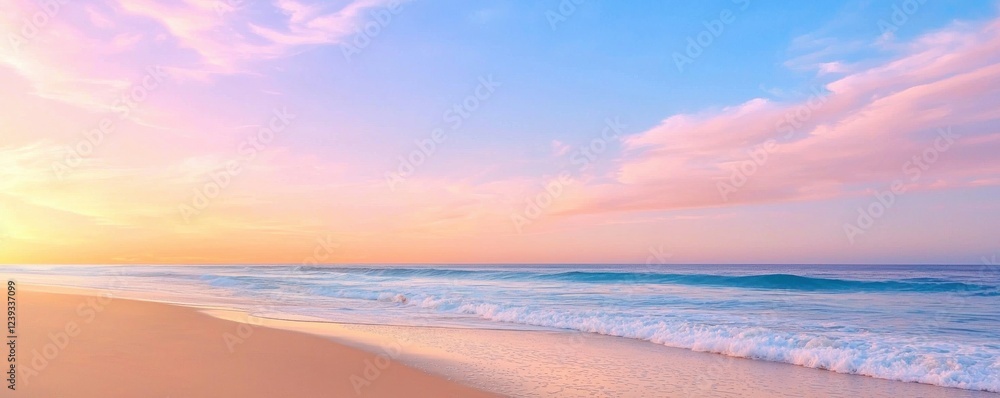 Fototapeta premium A serene beach scene at sunset, showcasing soft pastel colors in the sky reflecting on gentle waves, creating a tranquil atmosphere.