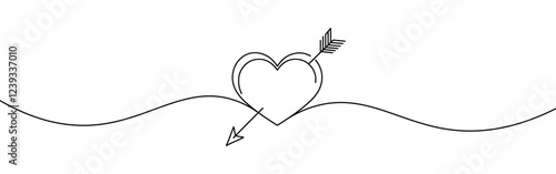 Heart pierced by an arrow. Continuous line love and arrows. Vector illustration.