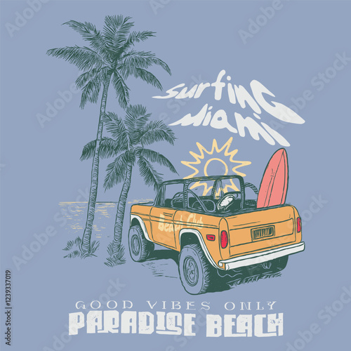 beach van with surf board, Long beach, summer vibes hand draw, Palm tree vector. Beach holiday time. Surfing paradise art print t-shirt design. Long beach, summer vibes hand draw, Hawaii, Aloha surf.