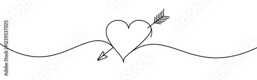 Heart pierced by an arrow. Continuous line love and arrows. Vector illustration