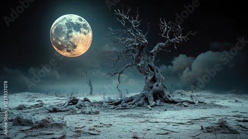 Dead tree under full moon, barren landscape, night photo