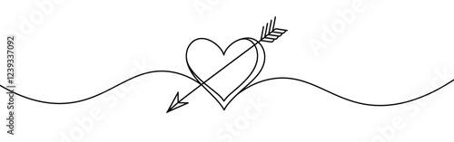Heart pierced by an arrow. Continuous line love and arrows. Vector illustration.