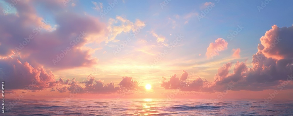Fototapeta premium A serene ocean sunset with pastel hues reflecting on calm waters, creating a tranquil and picturesque scene.