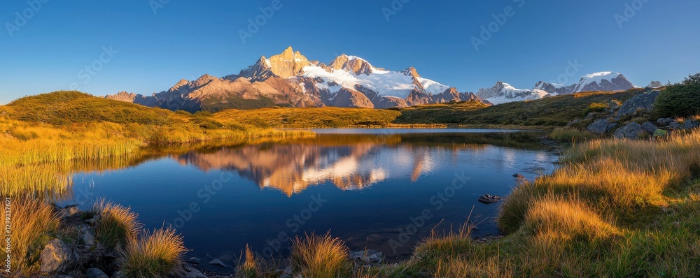 Naklejka premium A stunning panoramic view of snow-capped mountains reflecting in a serene lake, surrounded by lush greenery under a clear blue sky.