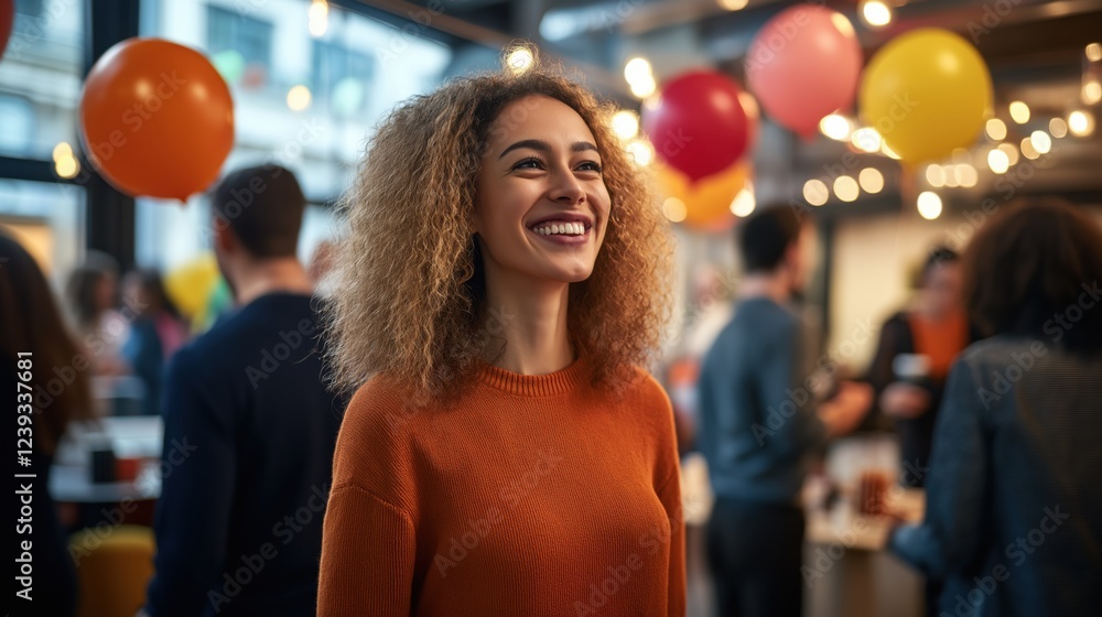 Smiling woman enjoying lively office party with balloons and colleagues Smiling woman enjoying lively office party with balloons and colleagues