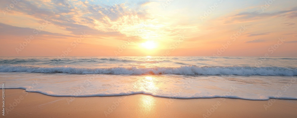 Obraz premium A serene sunset over the ocean with gentle waves lapping at the shore, creating a peaceful and picturesque coastal scene.