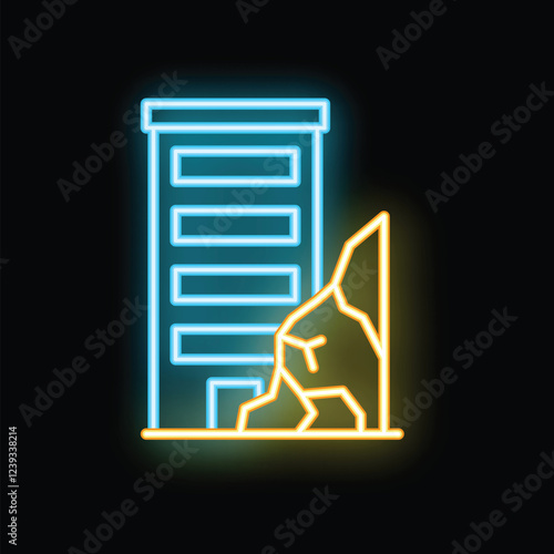 Neon style icon depicting a building experiencing a landslide, potentially symbolizing natural disasters and their impact on infrastructure