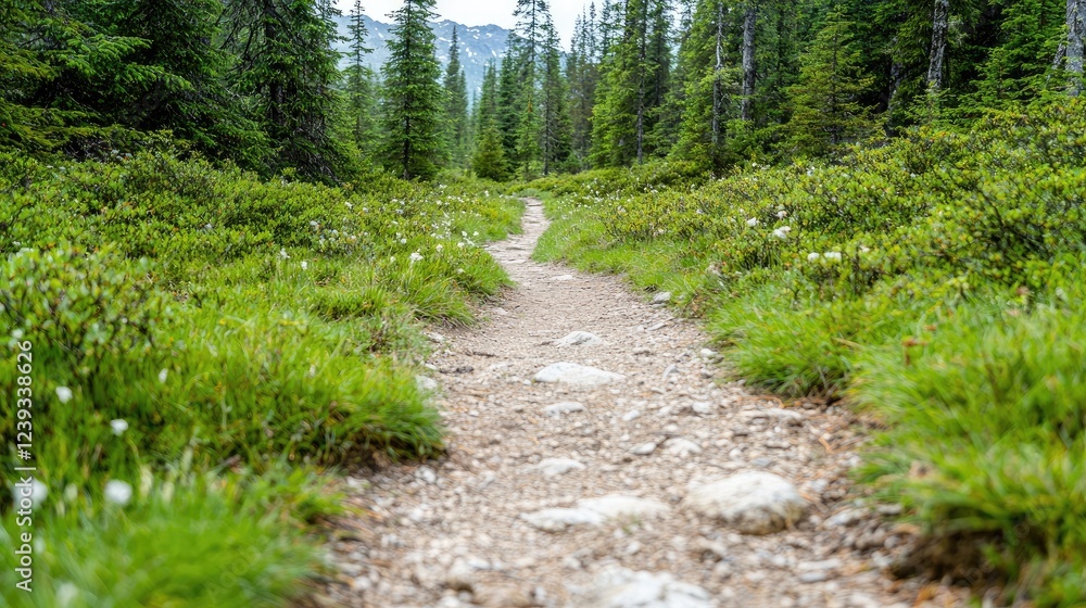 Fototapeta premium Mountain trail through lush forest, wildflowers, hiking