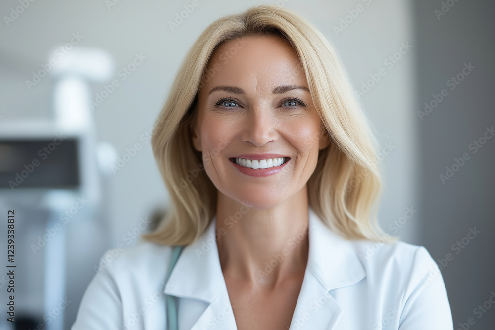 Experienced healthcare professional smiling warmly in a clinical setting Experienced healthcare professional smiling warmly in a clinical setting