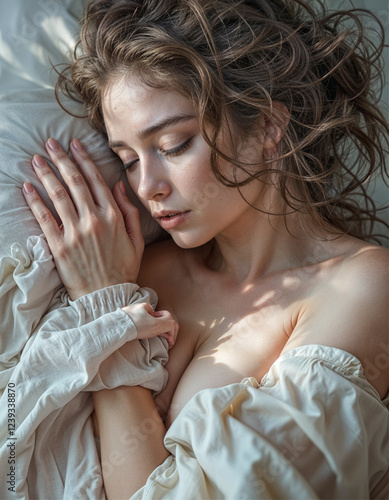 Wallpaper Mural Serene Young Woman Resting on Soft Bedding Torontodigital.ca