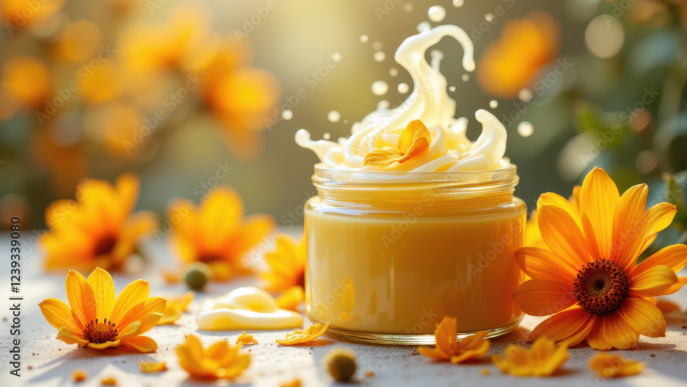 Jar filled with yellow substance on a table surrounded by orange flowers. Jar filled with yellow substance on a table surrounded by orange flowers.