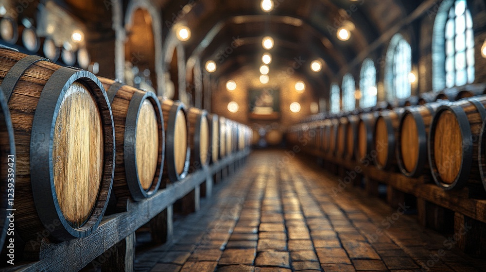 Interior view of a rustic wine cellar showcasing rows of wooden barrels and warm lighting Interior view of a rustic wine cellar showcasing rows of wooden barrels and warm lighting