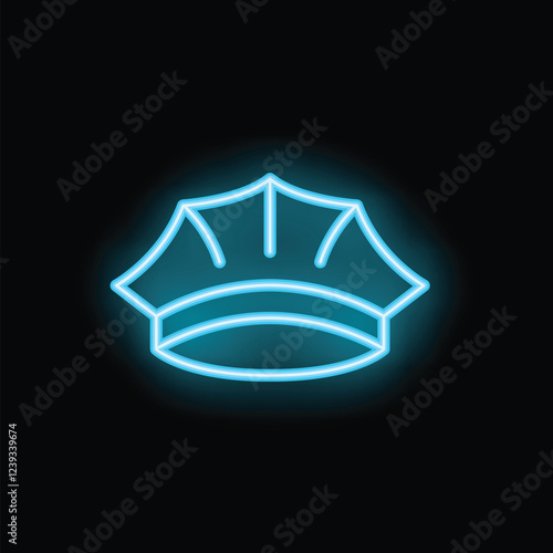 Blue neon sign is glowing in the shape of a simple crown with a thick band on a black background