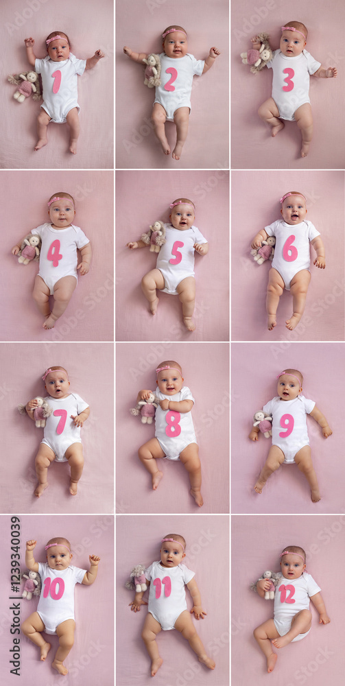 collage of photos with a baby 1-12. girl baby infant with a bow lies on the bed in a white bodysuit with a doll toy next to it, the child has a pink number months on a pink background