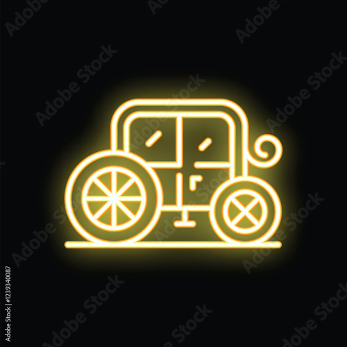 Yellow neon icon of vintage brougham or horse drawn carriage glowing on dark background, concept of luxury retro transport