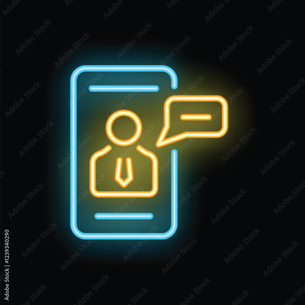 Glowing neon icon of a businessman having a business call on his smartphone Glowing neon icon of a businessman having a business call on his smartphone