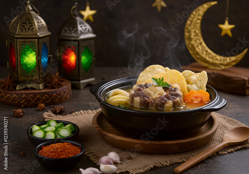 A beautifully arranged serving of Sop Buntut from Indonesia, showcasing tender oxtail and vegetables, embodying indulgence in Ramadan dining.