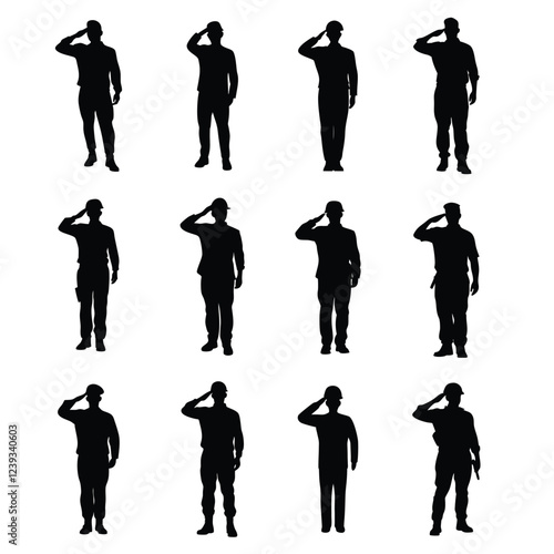 A set of saluting army soldier's vector silhouette  isolated,Soldier silhouettes collection for Veterans Day