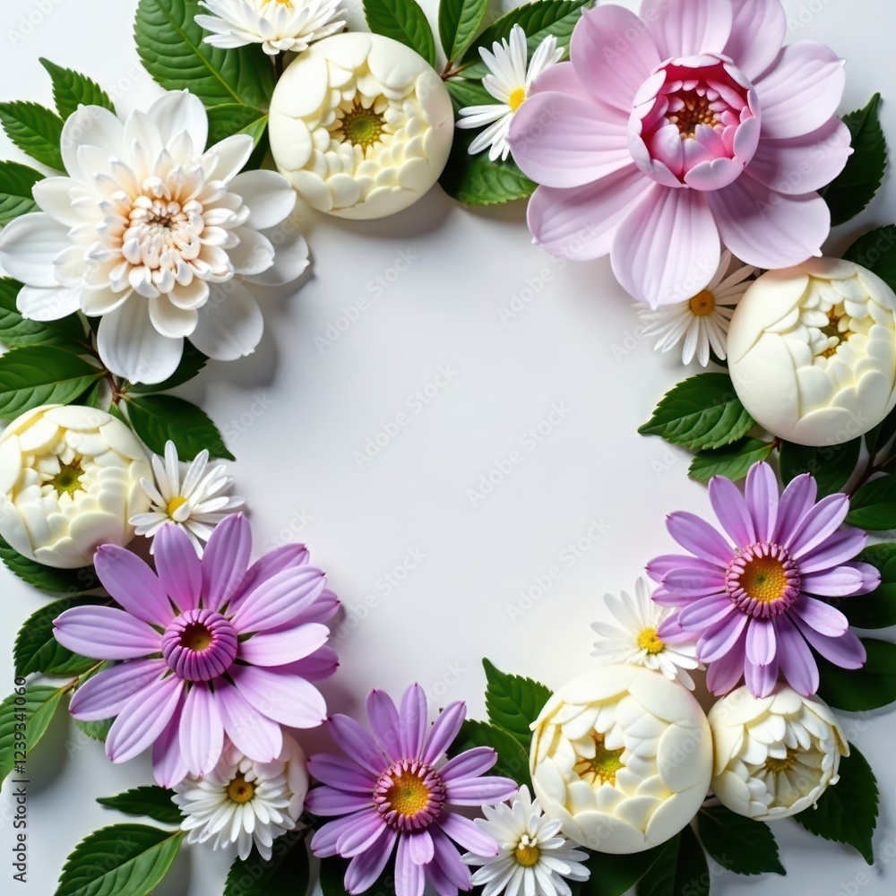 Obraz premium White peony and chrysanthemum arrangement with subtle lilac tones, floral, greenery