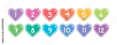 Numbers 1-12 and colorful hearts. numbers 1-12 inside colorful hearts, numbers 1-12 concept for education, business
