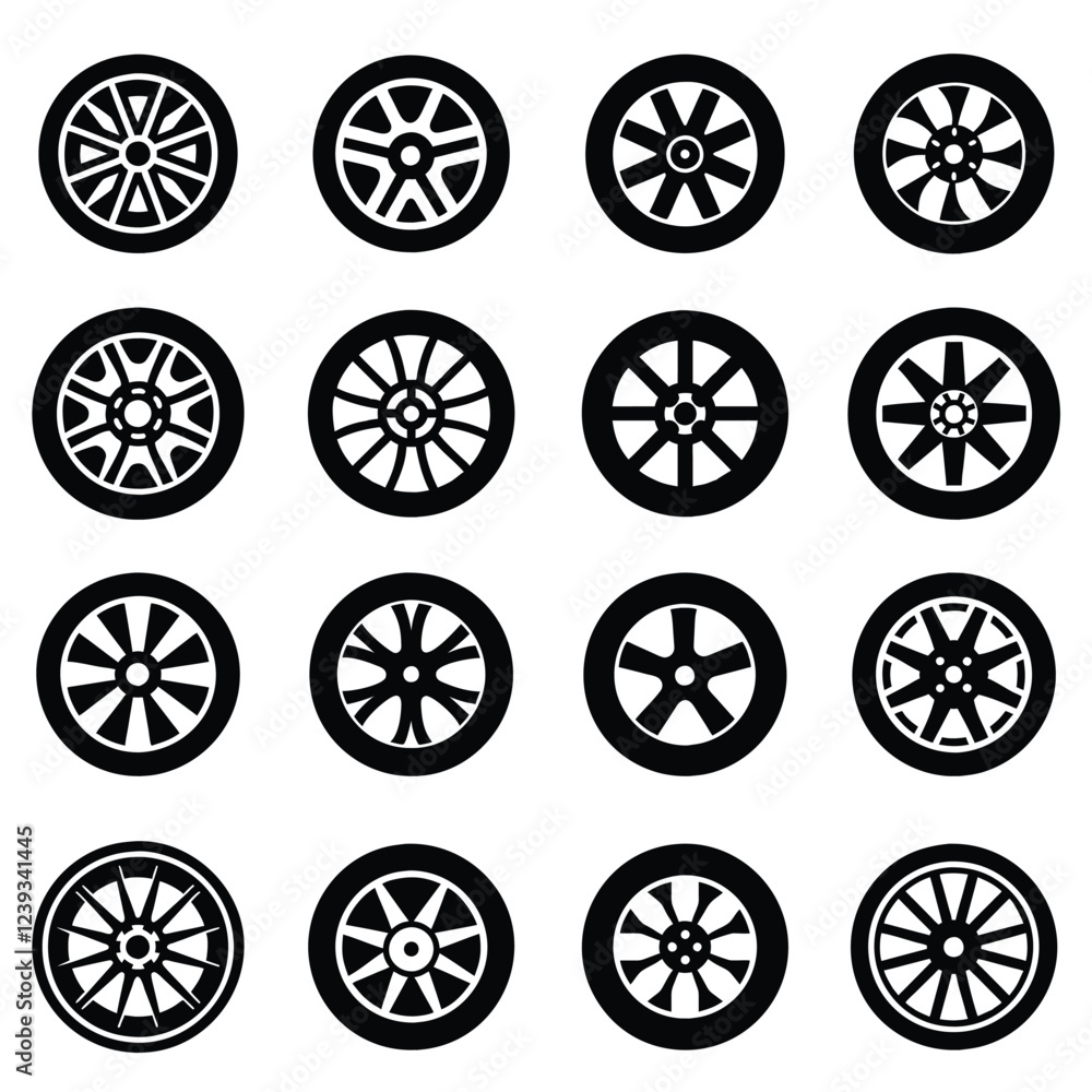 A set of car wheel vector silhouette,wheel vector,black vector A set of car wheel vector silhouette,wheel vector,black vector