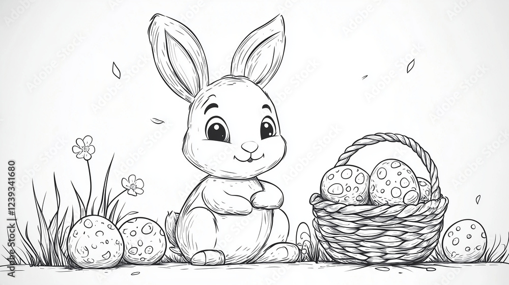 Illustration of an Easter bunny with a basket and Easter eggs for coloring. Children's drawing book concept. Illustration of an Easter bunny with a basket and Easter eggs for coloring. Children's drawing book concept.
