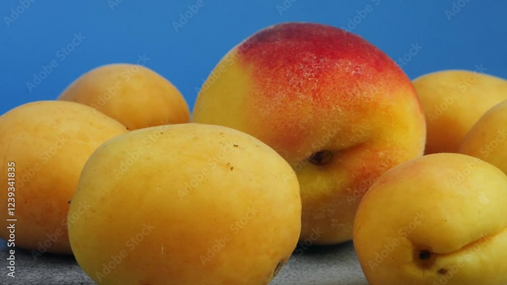 Peaches apricots ripe juicy red-yellow rotating in a circle on a blue background