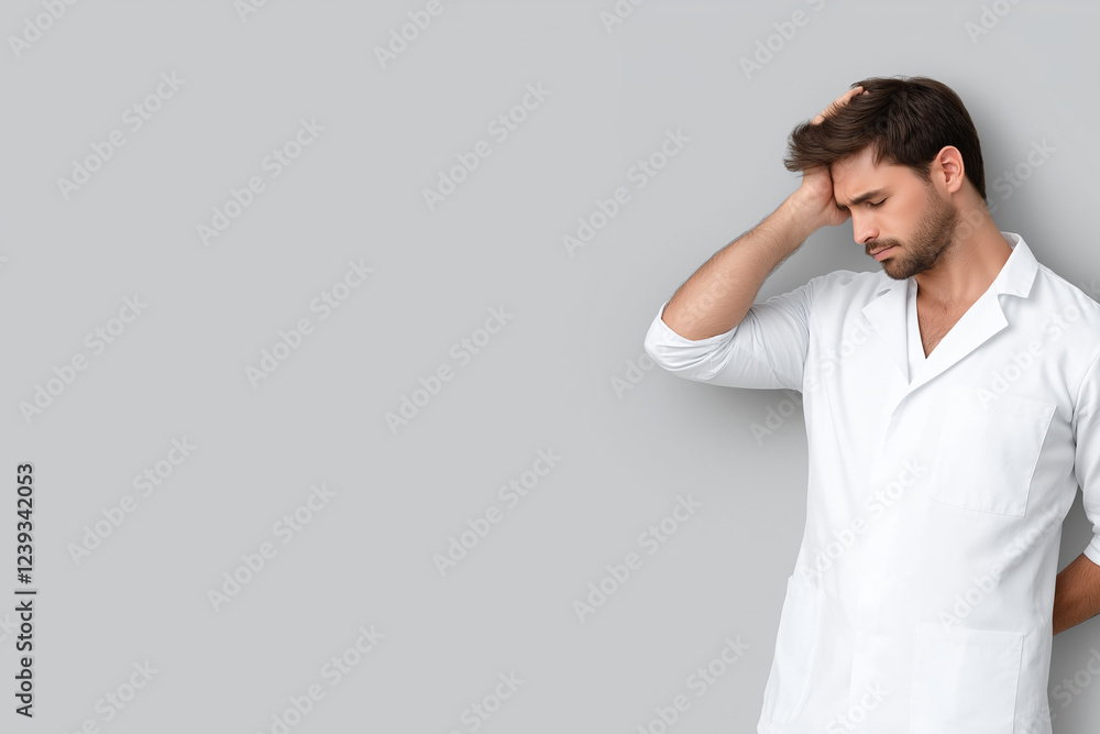 Medical professional looks stressed while pondering a challenging situation in office Medical professional looks stressed while pondering a challenging situation in office