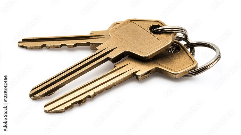 Three brass keys connected by a silver ring lie on a flat surface, representing home and office access. Their material suggests durability and reliability in everyday use Three brass keys connected by a silver ring lie on a flat surface, representing home and office access. Their material suggests durability and reliability in everyday use