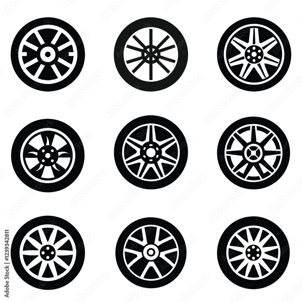 A set of car wheel vector silhouette,wheel vector,black vector A set of car wheel vector silhouette,wheel vector,black vector