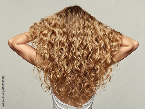 Step-by-step guide to adding hair extensions or wearing a wig i Blonde long hair with balayage or ombre highlights ii Rear view a woman with beautiful voluminous curly hair