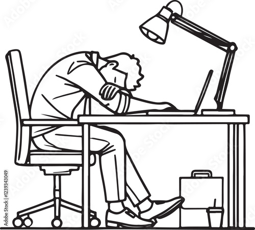 Stressed Office Worker Sleeping at Desk Vector Line Art