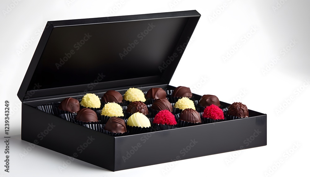 Assorted Chocolates in a Black Box on a Light Background Assorted Chocolates in a Black Box on a Light Background