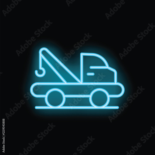 Glowing blue neon icon of a tow truck providing roadside assistance