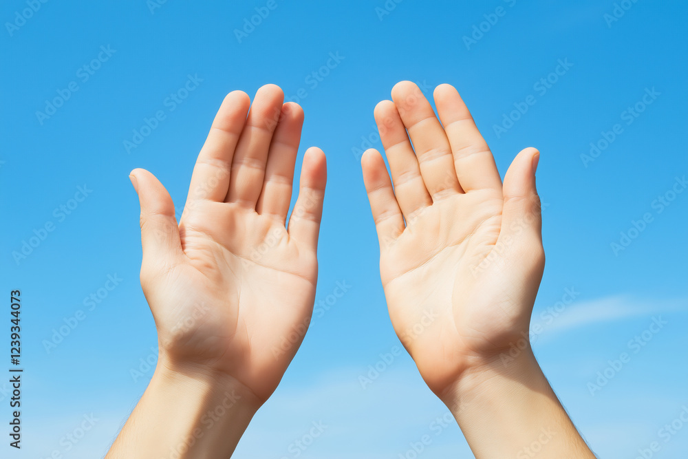 Hands reaching towards a clear blue sky on a sunny day with soft clouds Hands reaching towards a clear blue sky on a sunny day with soft clouds