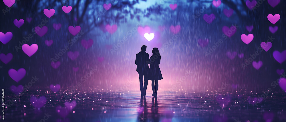 pink, blue & violet romantic minimalistic background with couple - man & woman - walking in darkness under rain of hearts; concept of nubes, love; simple, trendy art pink, blue & violet romantic minimalistic background with couple - man & woman - walking in darkness under rain of hearts; concept of nubes, love; simple, trendy art