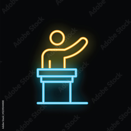 Glowing neon icon of a political candidate delivering a speech from a podium, symbolizing public speaking and political discourse