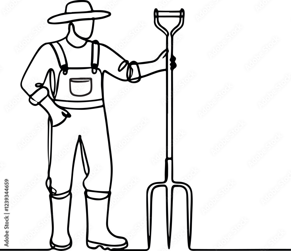 Rural Life in Simple Lines. Farmer with Pitchfork Vector Design Rural Life in Simple Lines. Farmer with Pitchfork Vector Design