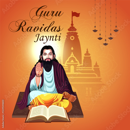 The image is a Guru Ravidas Jayanti greeting card featuring his portrait name in Gurmukhi and the text Guru Ravidas Jayanti