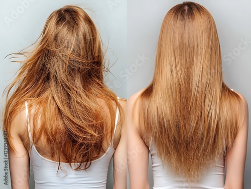 Woman with split-ends hair before treatment after healthy shiny hair photo