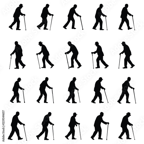 A set of old man person walking with stick vector silhouette isolated,Elderly People silhouette,Seniors old man silhouette,Aged people silhouette