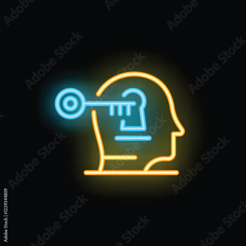 Neon sign of a key unlocking a human mind symbolizing access to thoughts, knowledge and ideas