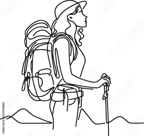 Female Hiker on Trail with Backpack - Vector Line Art