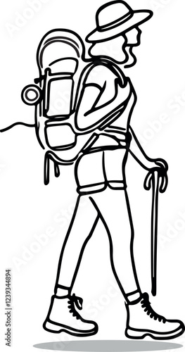Female Hiker on Trail with Backpack - Vector Line Art