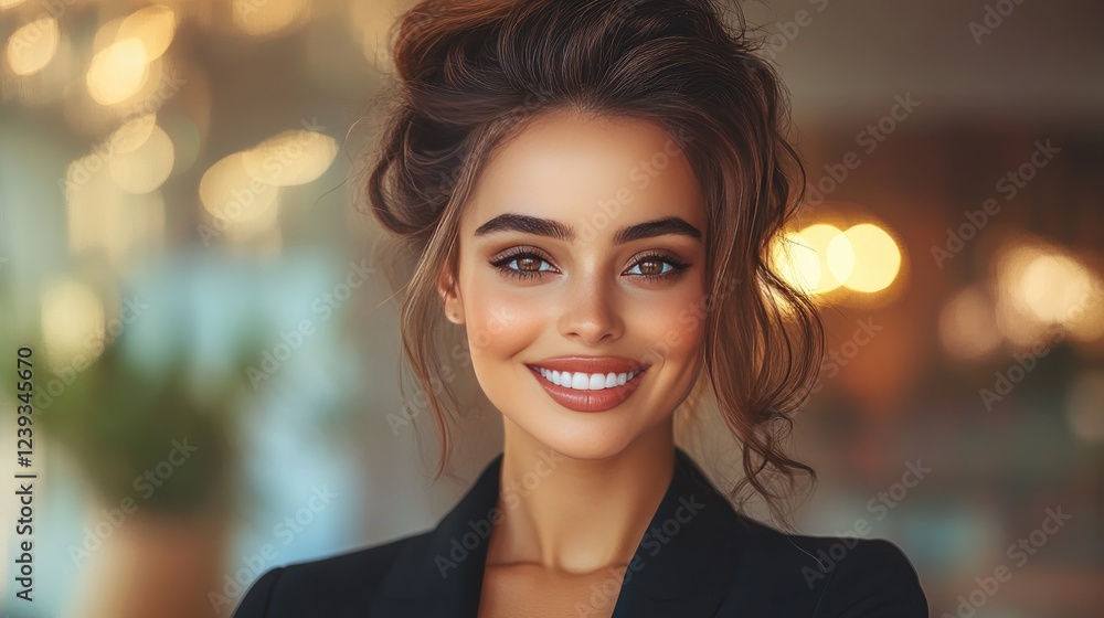 Confident Woman Smiling in Professional Attire Against Blurred Warm Background Confident Woman Smiling in Professional Attire Against Blurred Warm Background