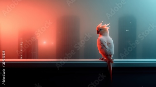 Set in a mysterious, foggy city skyline, the image interprets the serene presence of a white cockatoo as it overlooks the architectural silhouettes at horizon. photo