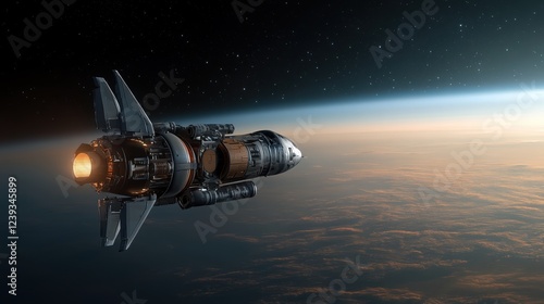 Wallpaper Mural A sleek, futuristic spaceship with glowing engines travels through space, orbiting a distant blue planet on an exploration mission in the cosmos. Torontodigital.ca